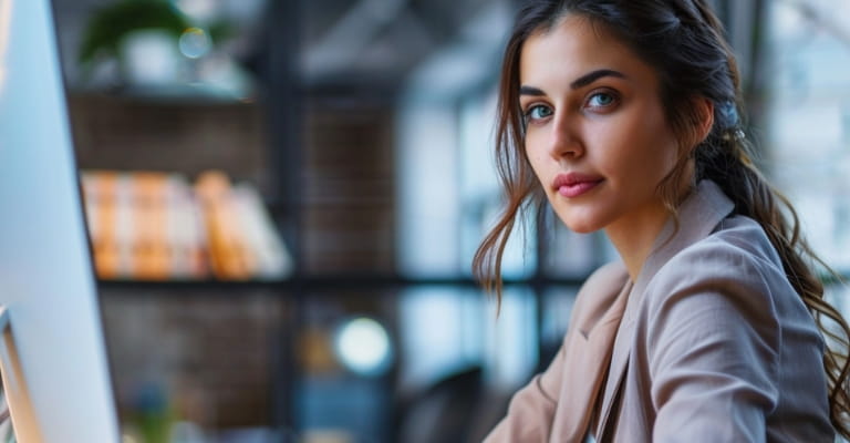 Vrouw is aan het werk op haar computer